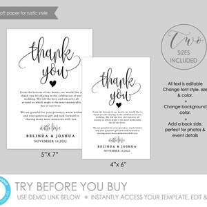 May include: Two printable thank you cards for a wedding. The cards are white with black text and a heart. The larger card is 5 inches by 7 inches and the smaller card is 4 inches by 6 inches. The text on the cards reads "thank you" and includes a message from the couple thanking guests for attending their wedding. The text also includes the couple's names and the date of the wedding.