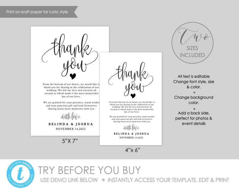 May include: Two printable thank you cards for a wedding. The cards are white with black text and a heart. The larger card is 5 inches by 7 inches and the smaller card is 4 inches by 6 inches. The text on the cards reads "thank you" and includes a message from the couple thanking guests for attending their wedding. The text also includes the couple's names and the date of the wedding.