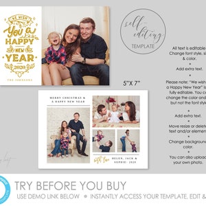 K&ouml;nnte beinhalten: Eine anpassbare Weihnachtskarten-Vorlage mit Familienfotos. Das Design enth&auml;lt den Text "We wish you a Happy New Year 2020" in Gold, sowie Platz f&uuml;r mehrere Fotos. Die Karte ist 12,7 cm x 17,8 cm gro&szlig; und erm&ouml;glicht die Bearbeitung von Text, Schriftart und Farbe.