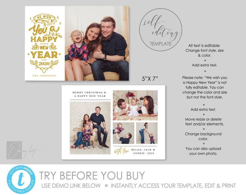 K&ouml;nnte beinhalten: Eine anpassbare Weihnachtskarten-Vorlage mit Familienfotos. Das Design enth&auml;lt den Text "We wish you a Happy New Year 2020" in Gold, sowie Platz f&uuml;r mehrere Fotos. Die Karte ist 12,7 cm x 17,8 cm gro&szlig; und erm&ouml;glicht die Bearbeitung von Text, Schriftart und Farbe.