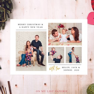 K&ouml;nnte beinhalten: Eine Weihnachtskarte mit Familienfotos und dem Text "MERRY CHRISTMAS & A HAPPY NEW YEAR". Die Karte enth&auml;lt den Text "with love" und die Namen "HELEN, JACK & SOPHIE - 2020". Festliche Dekorationen umgeben die Karte.