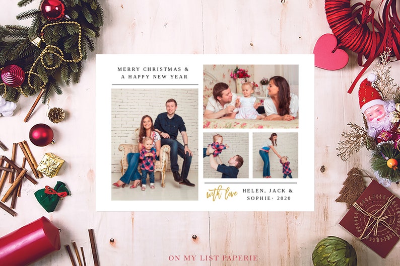 K&ouml;nnte beinhalten: Eine Weihnachtskarte mit Familienfotos und dem Text "MERRY CHRISTMAS & A HAPPY NEW YEAR". Die Karte enth&auml;lt den Text "with love" und die Namen "HELEN, JACK & SOPHIE - 2020". Festliche Dekorationen umgeben die Karte.