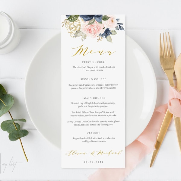 Wedding Menu Template, Pink Gold, Printable DIY Dinner Menu, INSTANT DOWNLOAD, 100% Editable Text, 5x7 & 3.75x9 #101