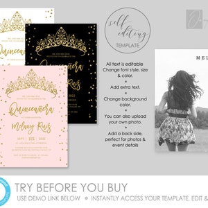 Puede incluir: Plantilla de invitaci&oacute;n editable para Quincea&ntilde;era con una corona dorada y confeti rosa y blanco. El texto dice "Mr. and Mrs. Ruiz los invitan a celebrar la Quincea&ntilde;era de su hija Melany Ruiz".