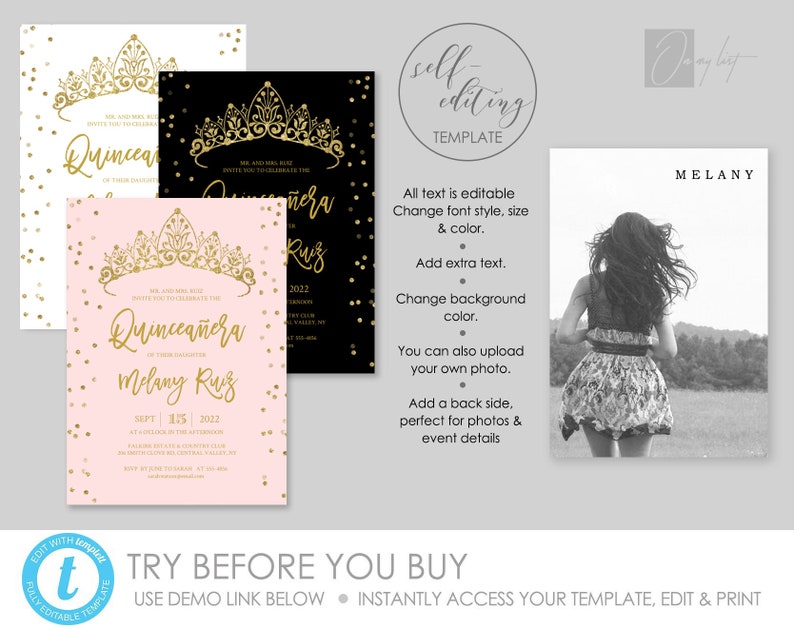 Puede incluir: Plantilla de invitaci&oacute;n editable para Quincea&ntilde;era con una corona dorada y confeti rosa y blanco. El texto dice "Mr. and Mrs. Ruiz los invitan a celebrar la Quincea&ntilde;era de su hija Melany Ruiz".