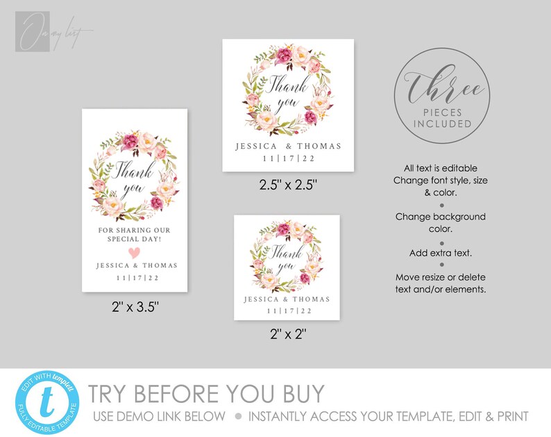 Pink Flowers Favor Tags or Labels 100 Editable Template Etsy