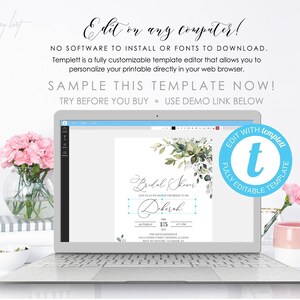 May include: A laptop computer displaying a bridal shower invitation template with a watercolor floral design. The text on the invitation reads "Bridal Shower" and "Deborah". The template is fully editable using the Templett website.