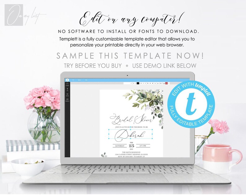May include: A laptop computer displaying a bridal shower invitation template with a watercolor floral design. The text on the invitation reads "Bridal Shower" and "Deborah". The template is fully editable using the Templett website.