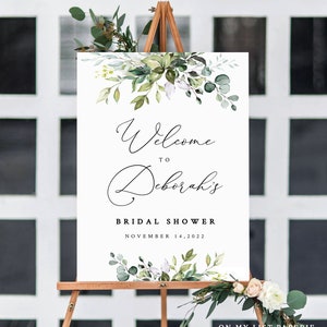 Welcome BRIDAL SHOWER SIGN template Bridal Shower welcome sign template Greenery bridal shower decorations instant download templett#50