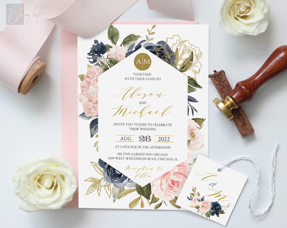 Navy Blue and blush Wedding invitation set 100% Editable image 1