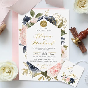 Navy Blue and blush Wedding invitation set, 100% Editable Template, INSTANT DOWNLOAD, Pink,Blue, Gold, Glitter, TEMPLETT #101