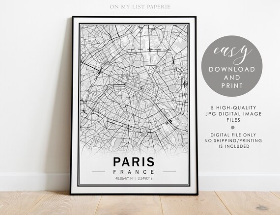 Paris City Map Printable Black and White City Map Poster | Etsy