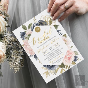 Navy blue and blush Bridal Shower Invitation, Couples Shower, Editable Template, INSTANT DOWNLOAD, Pink, Gold, Glitter, TEMPLETT #101
