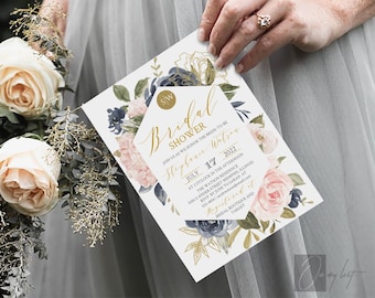 Navy blue and blush Bridal Shower Invitation, Couples Shower, Editable Template, INSTANT DOWNLOAD, Pink, Gold, Glitter, TEMPLETT #101