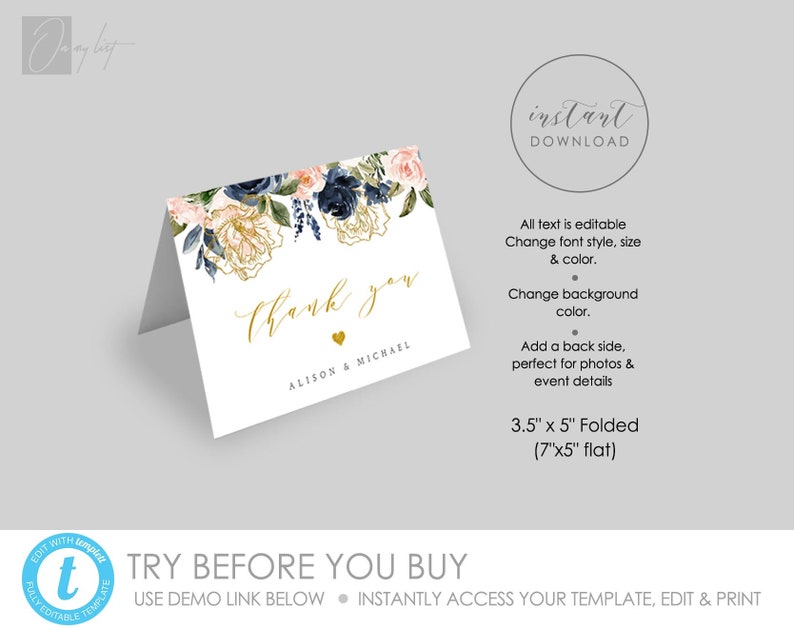 Navy Blue and Blush Thank You Card Template Pink Gold - Etsy