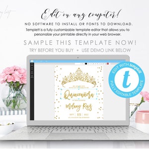Puede incluir: Una pantalla de computadora port&aacute;til que muestra una plantilla de invitaci&oacute;n de Quincea&ntilde;era con una corona dorada, confeti azul y dorado, y el texto "Quincea&ntilde;era" y "Melany Ruiz". El texto "Edit with Templett" es visible en un c&iacute;rculo azul en el lado derecho de la pantalla.