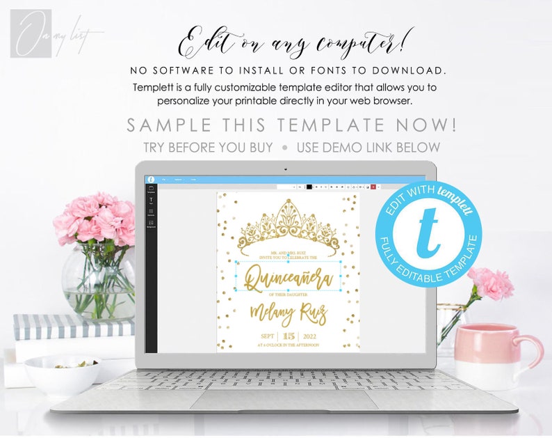 Puede incluir: Una pantalla de computadora port&aacute;til que muestra una plantilla de invitaci&oacute;n de Quincea&ntilde;era con una corona dorada, confeti azul y dorado, y el texto "Quincea&ntilde;era" y "Melany Ruiz". El texto "Edit with Templett" es visible en un c&iacute;rculo azul en el lado derecho de la pantalla.