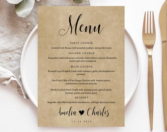 Kraft Wedding Menu Template, kraft rustic menu, Printable DIY Dinner Menu, INSTANT DOWNLOAD, 100%Editable Text, 5x7 & 3.75x9 #89