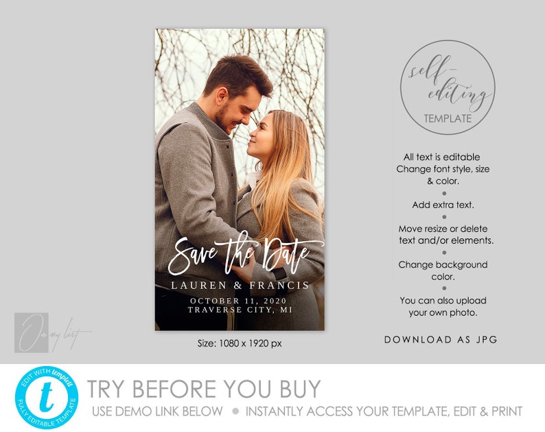 Electronic Printable Save the Date invitation with photo, 100% Editable Two sizes 4x6 & 5x7 1080x1920 px INSTANT DOWNLOAD, TEMPLETT 44 image 2