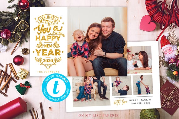 Happy New Year Card Template,Photo christmas card,editable Holiday Card, Happy Christmas Card, Merry Christmas, TEMPLETT #600