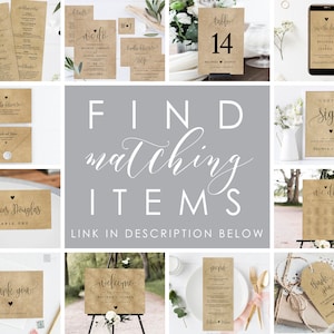 May include: A collection of printable wedding stationery in a rustic style. The items include a welcome sign, table numbers, a seating chart, thank you tags, and a save the date card. All items feature a brown kraft paper background with black calligraphy text and a small heart.