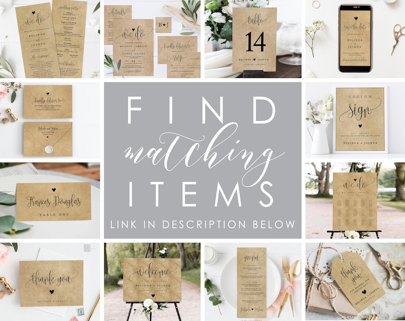 May include: A collection of printable wedding stationery in a rustic style. The items include a welcome sign, table numbers, a seating chart, thank you tags, and a save the date card. All items feature a brown kraft paper background with black calligraphy text and a small heart.
