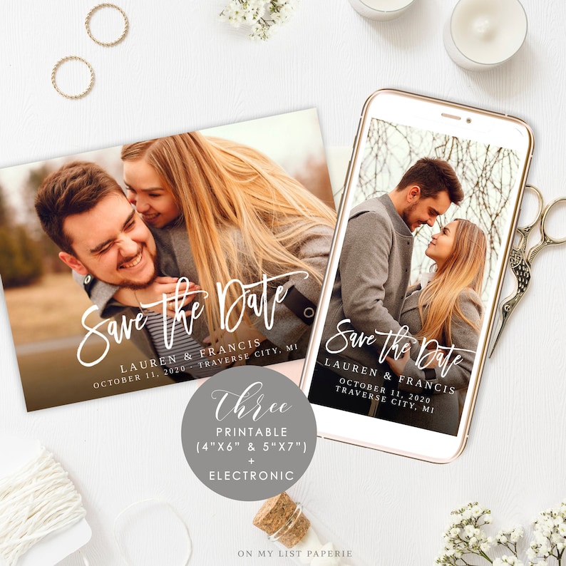 Electronic Printable Save the Date invitation with photo, 100% Editable Two sizes 4x6 & 5x7 1080x1920 px INSTANT DOWNLOAD, TEMPLETT 44 image 1