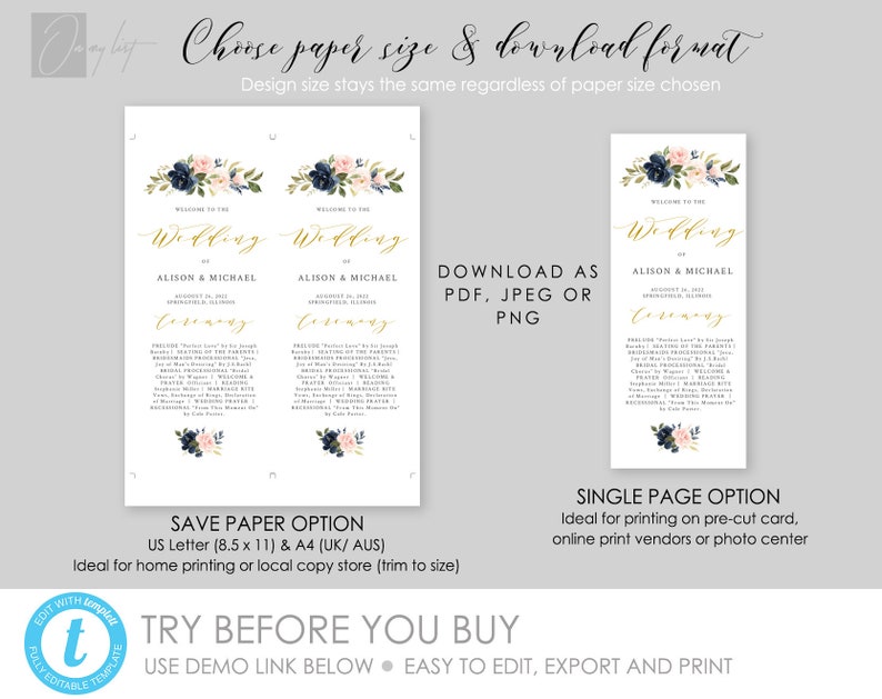 Navy Wedding Program Template Elegant Printable Wedding | Etsy