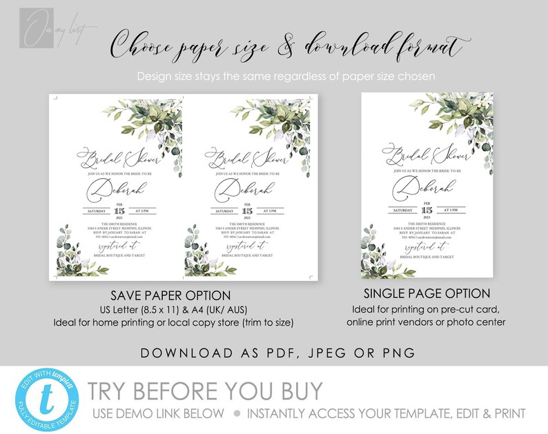 BRIDAL SHOWER invitation template, Greenery Bridal Shower invite template, Greenery bridal shower Templett instant download templett#50 image 3
