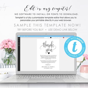 May include: A laptop computer displaying a thank you card template with the text "thank you" in a cursive font. The template is customisable and can be edited directly in a web browser. The text "Edit with Templett Fully Editable Template" is displayed in a blue circle with a white letter "t" in the centre.