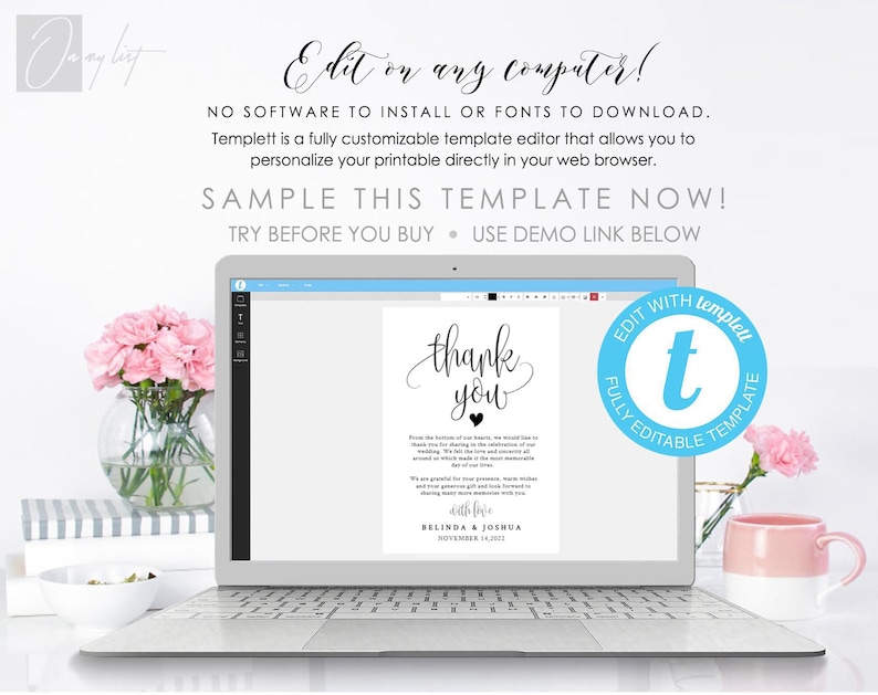 May include: A laptop computer displaying a thank you card template with the text "thank you" in a cursive font. The template is customisable and can be edited directly in a web browser. The text "Edit with Templett Fully Editable Template" is displayed in a blue circle with a white letter "t" in the centre.