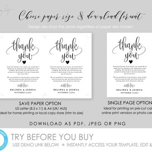 May include: A printable thank you card template for a wedding. The card features the text "thank you" in a cursive font with a small heart. The text "with love" is below the thank you message, followed by the names "Belinda & Joshua" and the date "November 14, 2022". The card is available in two sizes: US Letter (8.5 x 11) and A4.