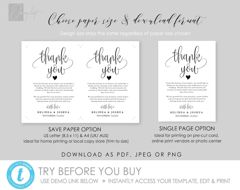May include: A printable thank you card template for a wedding. The card features the text "thank you" in a cursive font with a small heart. The text "with love" is below the thank you message, followed by the names "Belinda & Joshua" and the date "November 14, 2022". The card is available in two sizes: US Letter (8.5 x 11) and A4.