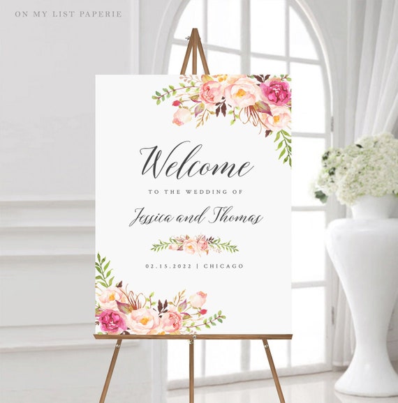 Welcome Sign Wedding, Blush Peach Pink Floral Wedding Welcome Sign,  INSTANT DOWNLOAD, 100% Editable Text, 18x24 & 24x36 A1 A2 #102