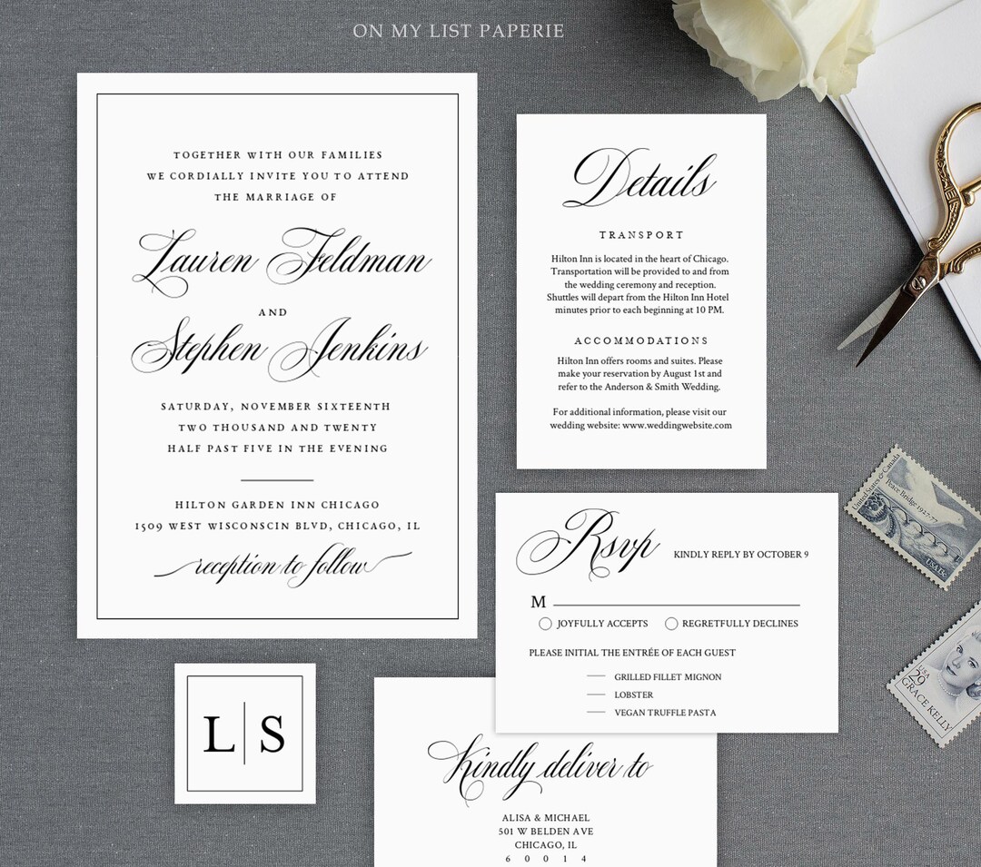 Wedding Invitation Set, Black and White Editable Template, INSTANT ...