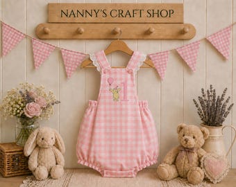 Girls personalised 1st birthday outfit. Winnie the Pooh girls birthday.  Gingham romper. Poppers for nappy changes. US Duties Paid