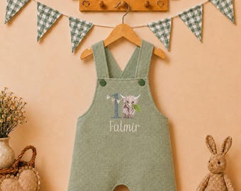 Embroidered Highland Cow Overalls Romper: Boys 1st birthday outfit. Personalised overalls. Sage green.