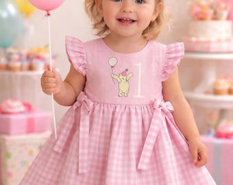 First Birthday Dress. Baby girl Birthday dress. Winnie the Pooh Dress.  Pink gingham dress. Photo shoot