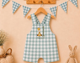 Boys 1st birthday outfit. Safari birthday overalls. Boys personalised romper. Gingham romper. Wild one birthday