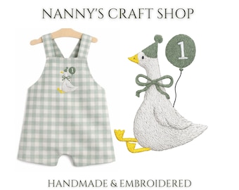 Boys 1st birthday outfit. One silly goose birthday overalls. Boys personalised romper. Gingham romper.