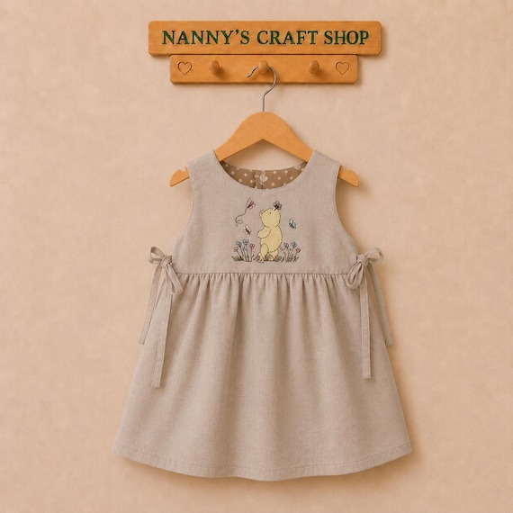 Baby clothes. Girls clothes. Embroidered dress. Classic Pooh bear. Linen dress. Birthday dress. Up to age 7/8 years