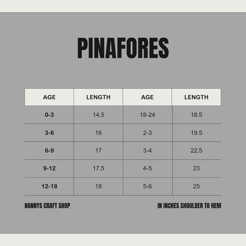 Pode incluir: Uma tabela de tamanhos para pinafores, com faixas et&aacute;rias e comprimentos em polegadas. A tabela inclui tamanhos para idades de 0-3 a 5-6, com comprimentos variando de 36,8 cm a 63,5 cm. O texto na parte inferior diz "Nannys Craft Shop" e "In inches shoulder to hem".