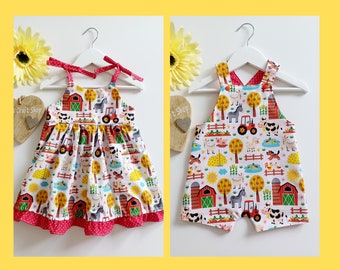 Sibling matching outfits. Matching brother & sister. Handmade baby. Handmade clothes. Summer. Farm animals. Boy girl twin outfit