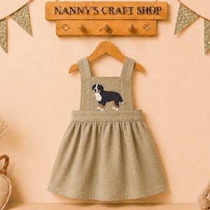 Bernese Mountain Dog Baby Dress: Embroidered Linen Outfit. Custom made dress.
