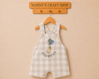 Boys 1st birthday outfit. Winnie the Pooh birthday overalls. Boys personalised romper. Gingham romper.