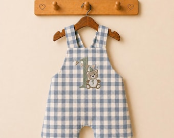 Beary 1st birthday. Boy's 1st birthday. Personalised boys romper. Overalls. Gingham birthday romper