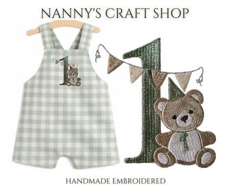 Beary 1st birthday boys outfit. Beary overalls. Boys birthday romper. Gingham
