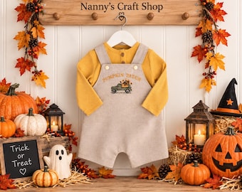 Pumpkin Patch Baby Boy Outfit 3-6 Months, Embroidered Romper & Grandad Top, Autumn Pumpkin Picking Outfit, Ready to Post. US duties paid