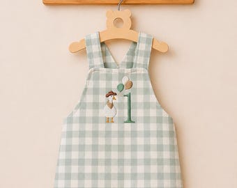 Boys first birthday romper. One silly goose overalls. Boys personalised birthday outfit. Birthday photo shoot. Gingham romper