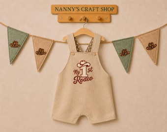 My 1st Rodeo Overalls Romper: Boys 1st birthday outfit. Linen